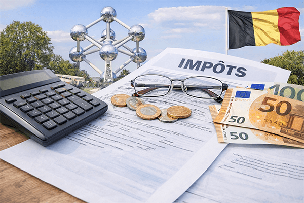 Calcul de la fiscalité des ETF en Belgique avec documents fiscaux, euros et symbole de Bruxelles