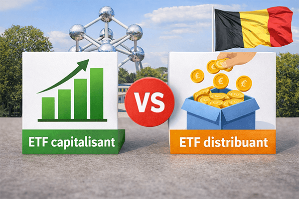 Comparaison entre ETF capitalisant et distribuant en Belgique avec graphique de croissance et dividendes en euros