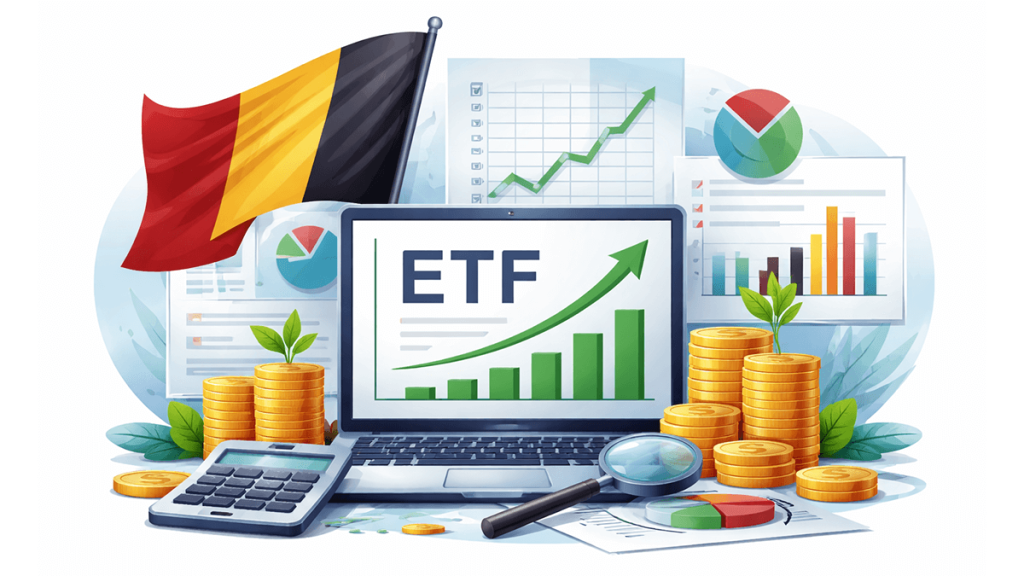 Investir dans les ETF en Belgique : illustration d'un Exchange Traded Fund capitalisant avec graphique de croissance et symboles financiers belges, pour investir à long terme
