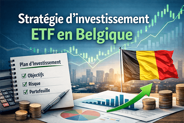 Stratégie ETF en Belgique avec graphique boursier, portefeuille et drapeau belge