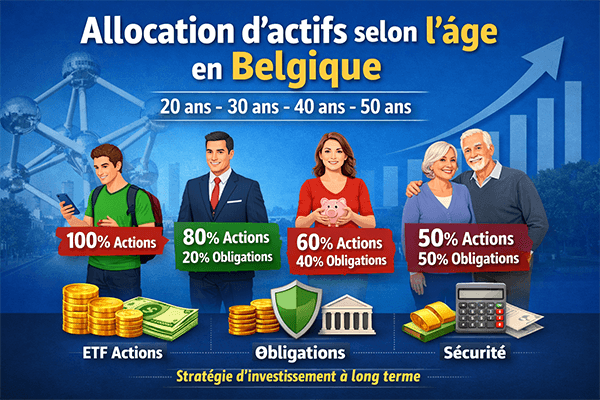 Infographie illustrant l’allocation d’actifs idéale en Belgique selon l’âge : 100 % actions à 20 ans, 80 % actions / 20 % obligations à 30 ans, 60 % actions / 40 % obligations à 40 ans, 50 % actions / 50 % obligations à 50 ans, avec des icônes ETF, obligations et sécurité financière.